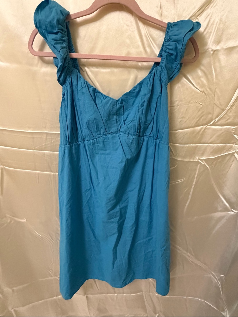 Sim & Sam Blue Cotton Mini Dress M Ruffle Strap Smocked Back Cottagecore NWT